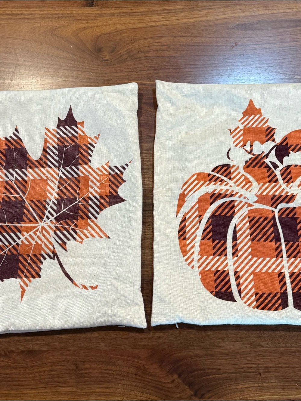 Pumpkin and Maple Leaf Plaid Canvas Pillow Covers w/zipper- Orange & Brown- EUC
